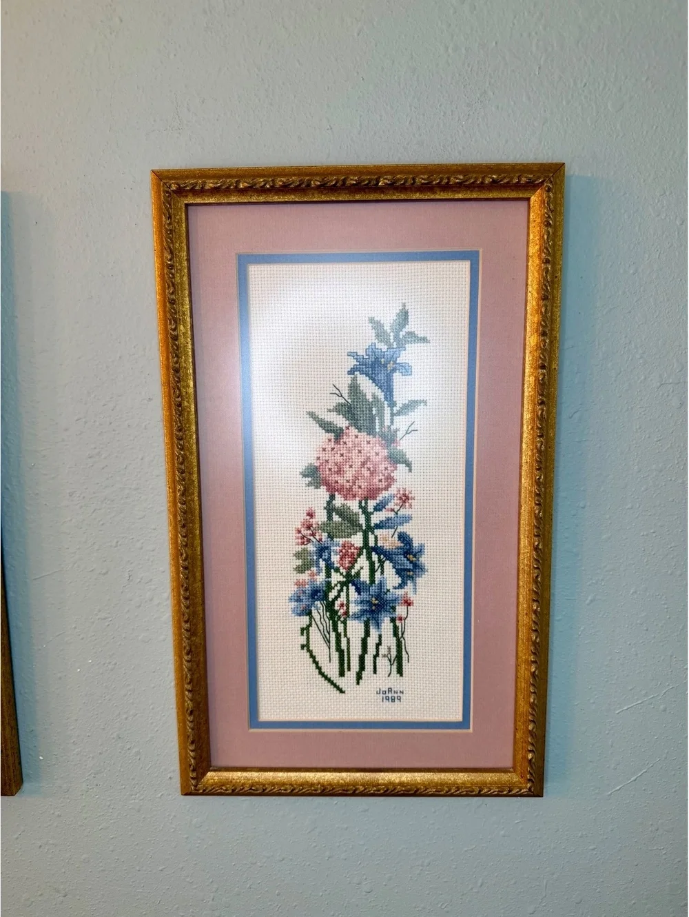 Vintage 1989 Floral Cross Stitch Pair Framed Wall Art Pink Blue Gold Frames